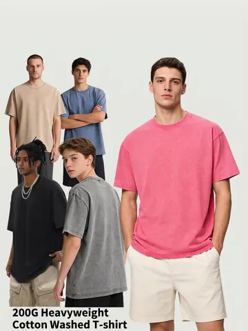 Men Heavyweight Washed Cotton T-Shirt American Retro Streetwear Loose Fit Short Sleeve Crew Neck Drop Shoulder Top