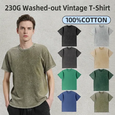 Men Heavyweight Cotton Washed Distressed T-Shirt American Retro Solid Color Round Neck Drop Shoulder Short Sleeve Top