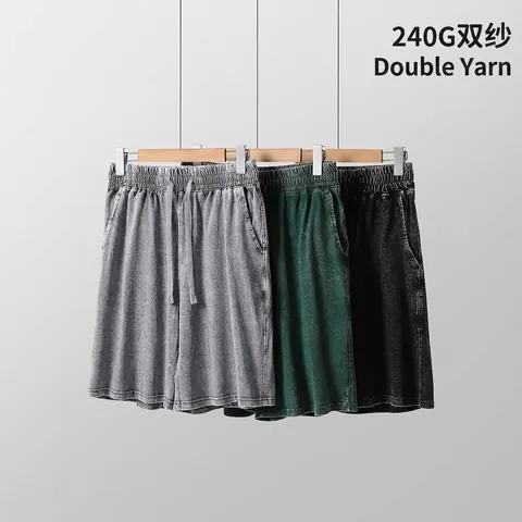 Men Heavyweight Cotton Washed Batik Shorts American Retro Loose Casual Solid Bottom Summer Drawstring Utility Cargo Shorts