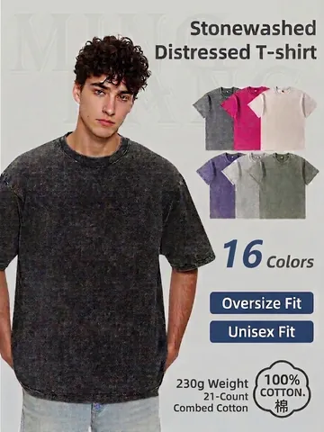 T-Shirt Heavyweight en Coton Lavé Vintage Vieilli pour Hommes Femmes Oversize Col Rond Snow Wash Manches Courtes Décontracté Streetwear Top