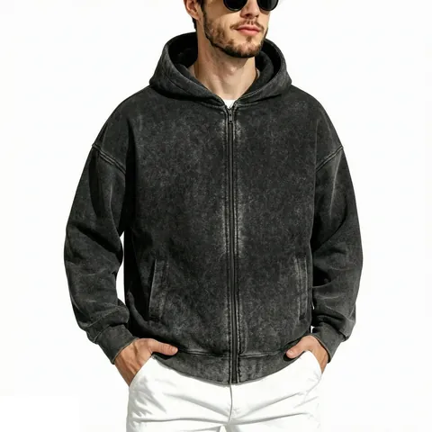 American Vintage Washed Cotton Zip Up Hoodie For Men Heavyweight Streetwear Loose Fit Hooded Sweatshirt Autumn Winter Casual Top