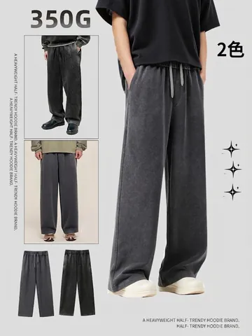 Men Washed Cotton Sweatpants American Vintage Streetwear Heavyweight Loose Fit Wide Leg Casual Sport Joggers Bottom