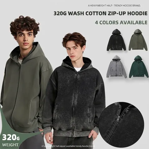 American Vintage Washed Cotton Zip Up Hoodie For Men Heavyweight Streetwear Loose Fit Hooded Sweatshirt Autumn Winter Casual Top