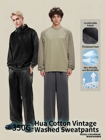 Men Washed Cotton Sweatpants American Vintage Streetwear Heavyweight Loose Fit Wide Leg Casual Sport Joggers Bottom