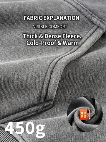 American Vintage Heavyweight Washed Fleece Lined Hoodie For Men Streetwear Oversized Solid Color Winter Warm Pullover Top