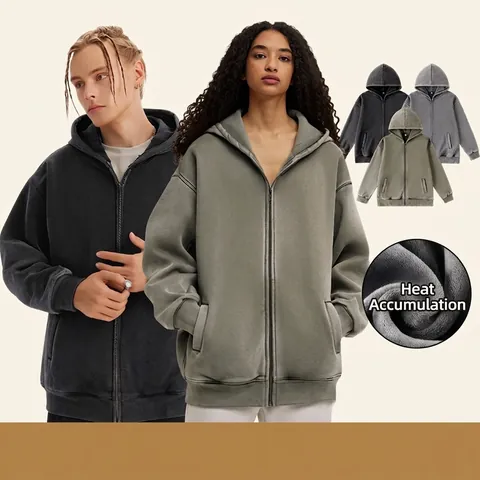 Men Vintage Washed Distressed Heavyweight Fleece Zip Up Hoodie Streetwear Solid Color Hooded Jacket Winter Warm Top