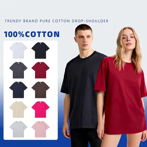 Unisex Heavyweight Combed Cotton T-Shirt Drop Shoulder Loose Fit Round Neck Solid Color Short Sleeve Top