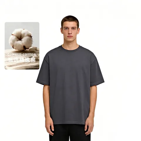 Unisex Heavyweight Combed Cotton T-Shirt Drop Shoulder Loose Fit Round Neck Solid Color Short Sleeve Top