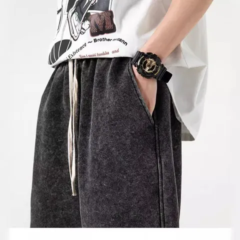Short pour Homme en Coton Épais Lavage Vintage Acid Wash Rétro Décontracté T-Shirt Été Top pour le Quotidien Streetwear