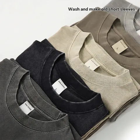 Camiseta de Algodón de Peso Pesado 280g para Hombre Vintage Lavado a la Sal Desgastado Ajuste Suelto Hombros Caídos Manga Corta Top Talla Europea Color Sólido Casual Tee