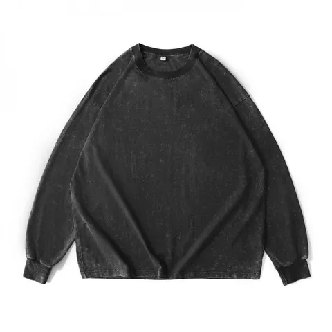 Vintage Acid Wash Men Long Sleeve T-Shirt Heavyweight Cotton Drop Shoulder Oversized Retro Stone Washed Crewneck Top