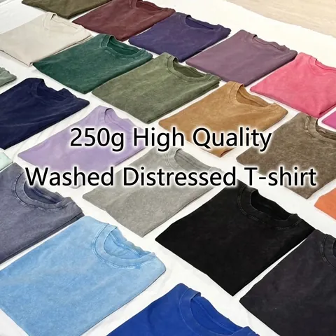 Men American Retro Heavyweight Cotton T-Shirt Acid Wash Distressed Round Neck Short Sleeve Loose Fit Top Casual Summer Tee