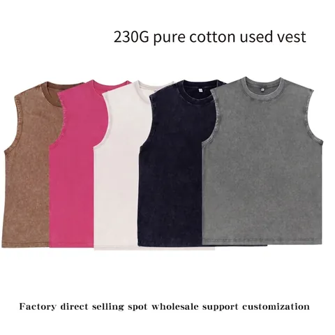 Débardeur en Coton Lavé et Usé Hommes Femmes Tissu Lourd Couleur Unie Basique Sans Manches Haut Décontracté Coupe Large Été