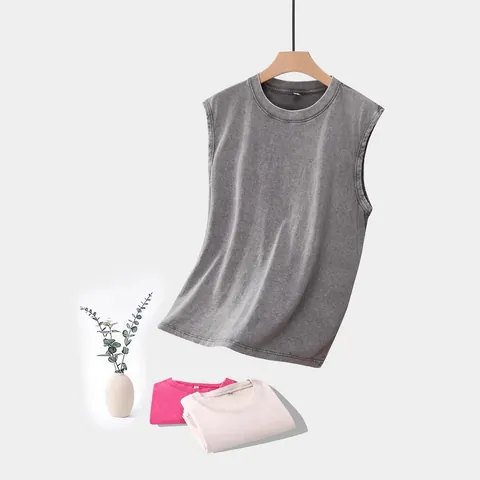 Débardeur en Coton Lavé et Usé Hommes Femmes Tissu Lourd Couleur Unie Basique Sans Manches Haut Décontracté Coupe Large Été
