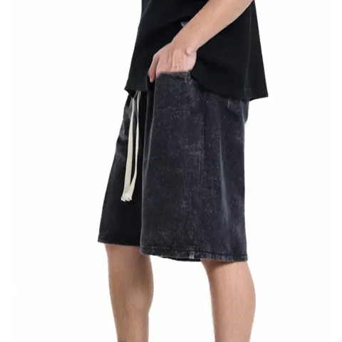 Vintage Washed Cotton Shorts For Men Distressed Heavyweight Drawstring Waist Casual Five-Point Shorts Summer Streetwear Bottom