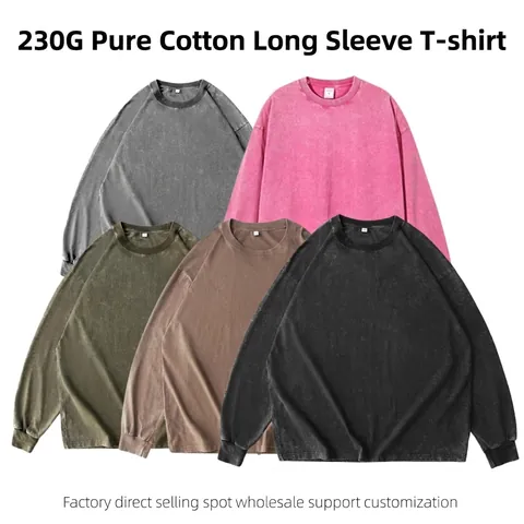 Vintage Acid Wash Men Long Sleeve T-Shirt Heavyweight Cotton Drop Shoulder Oversized Retro Stone Washed Crewneck Top