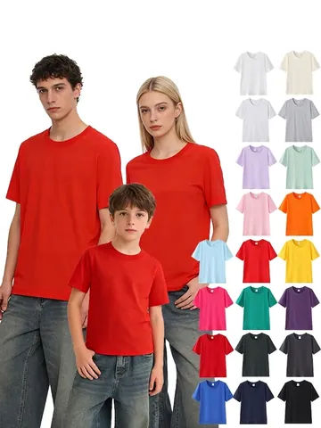 Premium Χτενισμένο Βαμβακερό T-Shirt Με Στρογγυλή Λαιμόκοψη Και Κοντό Μανίκι Casual Μονόχρωμο Basic Top Για Άνδρες Γυναίκες Παιδιά Οικογένεια