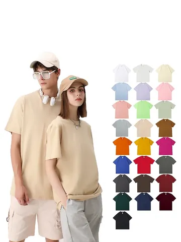 Haut à Manches Courtes en Coton Poids Lourd Unisexe Couleur Unie Coupe Ample Décontracté Col Rond T-Shirt Basique Hommes Femmes