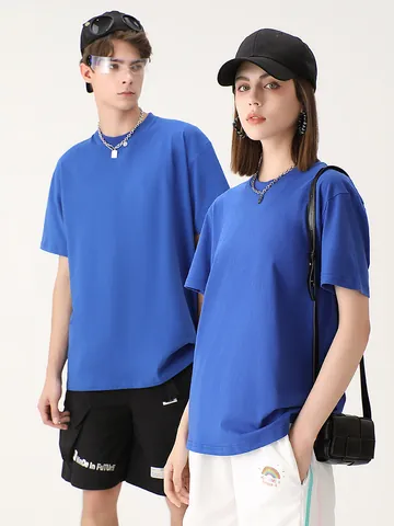 Haut à Manches Courtes en Coton Poids Lourd Unisexe Couleur Unie Coupe Ample Décontracté Col Rond T-Shirt Basique Hommes Femmes