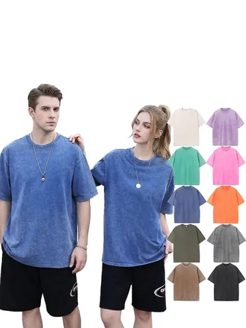 T-Shirt en Coton Retro Acid Wash Hommes Femmes Oversize Heavyweight Lavé Streetwear Épaules Tombantes Manches Courtes Top