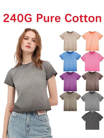 Camiseta Corta Retro Americana con Degradado para Mujer Algodón Pesado Ajuste Slim Manga Corta Streetwear Top Sexy