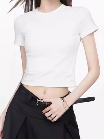 T-Shirt Court Coupe Ajustée Rétro Américain pour Femme en Coton Col Rond Manches Courtes Haut Décontracté