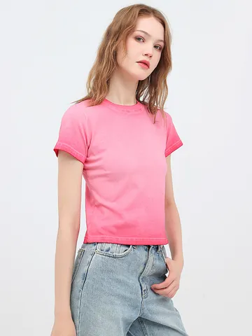 Camiseta Corta Retro Americana con Degradado para Mujer Algodón Pesado Ajuste Slim Manga Corta Streetwear Top Sexy