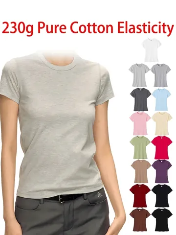 Camiseta de Algodón Pesado Ajustada para Mujer Cuello Redondo Manga Corta Top Básico Color Sólido Verano