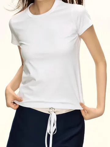 Camiseta de Algodón Pesado Ajustada para Mujer Cuello Redondo Manga Corta Top Básico Color Sólido Verano