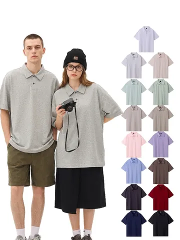 Polo en Pur Coton Lourd pour Hommes Femmes Double Fil Manches Courtes Col à Revers Streetwear Coupe Large Haut Décontracté
