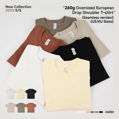 Heavyweight 260g Cotton T-Shirt For Men Oversized Dropped Shoulder Round Neck Seamless Tubular Casual Streetwear Top