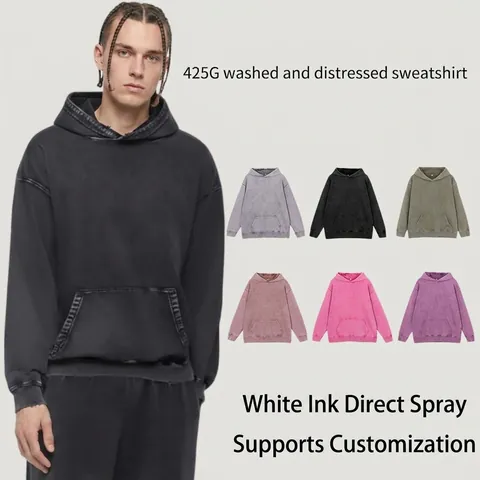 Herren American Vintage Washed Heavyweight Kapuzenpullover Distressed Baumwollmischung Oversized Sweatshirt Mit Kängurutasche Top