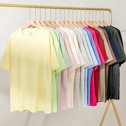 Camiseta de Algodón Peinado Pesado para Hombre Hombros Caídos Color Sólido Cuello Redondo Manga Corta