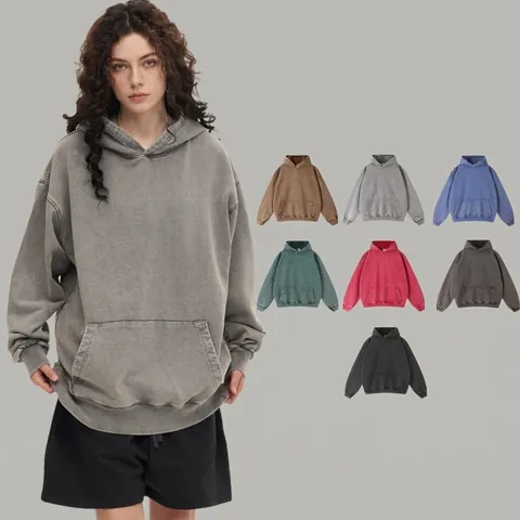 Men Vintage Washed Heavyweight Cotton Hoodie Oversized Drop Shoulder Pullover Sweatshirt American Retro Streetwear Long Sleeve Top