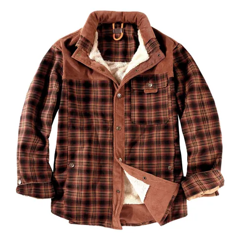 Heren Vintage Plaid Fleece Gevoerde Jas Winter Warme Katoenen Overhemdjas Met Corduroy Patchwork Contrastkleur Lange Mouw Top