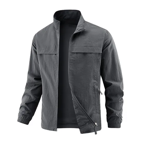 Men's Casual Windbreaker Jacket Stand Collar Lightweight Zipper Coat Fashion Solid Color Outerwear For Spring Autumn Top