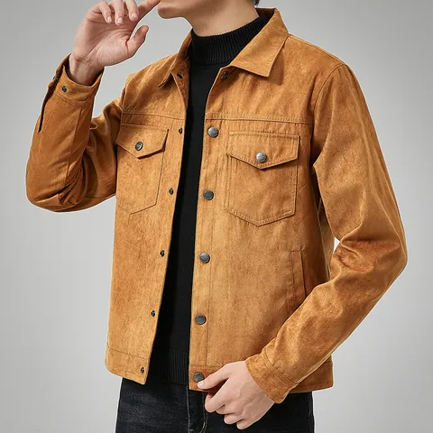 Veste Décontractée en Daim Brossé pour Hommes Style Britannique Coupe Slim Col à Revers Boutonné Top Printemps Automne
