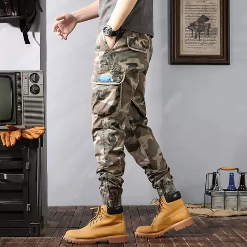 Men's Vintage Washed Cotton Camouflage Cargo Pants Multi Pocket Joggers Outdoor Casual Work Bottom Trousers For Men