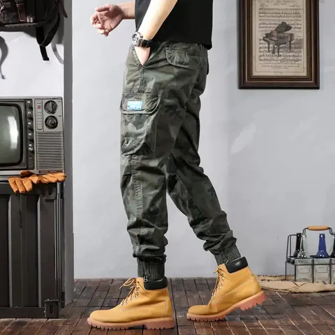Men's Vintage Washed Cotton Camouflage Cargo Pants Multi Pocket Joggers Outdoor Casual Work Bottom Trousers For Men