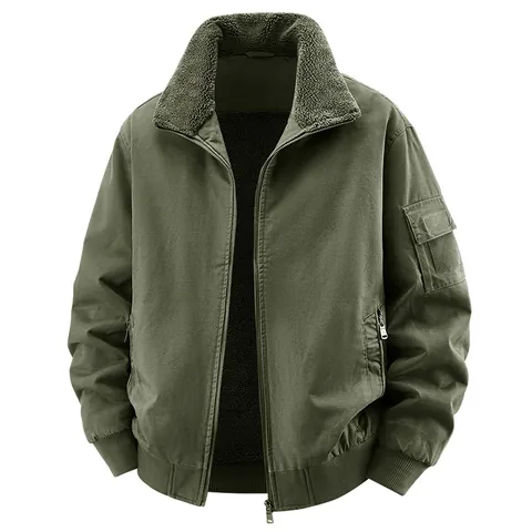 Men's Washed Cotton Flight Jacket Sherpa Lined Bomber Outerwear Winter Warm Thick Workwear Coat Long Sleeve Zip Up Top
