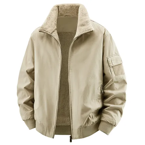 Men's Washed Cotton Flight Jacket Sherpa Lined Bomber Outerwear Winter Warm Thick Workwear Coat Long Sleeve Zip Up Top