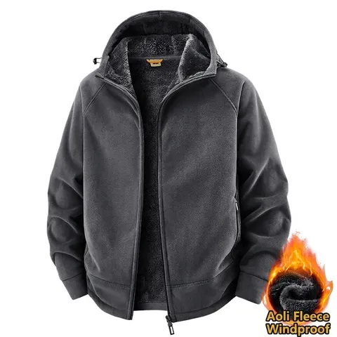 Men Plus Size Hooded Fleece Jacket Heavyweight Thermal Zip Up Hoodie With Multi Pockets Winter Warm Polar Fleece Coat