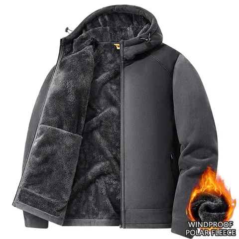 Men's 2025 New Thickened Fleece-Lined Hooded Sweatshirt Jacket Solid Color Windproof Workwear Fleece Outerwear Top For Men