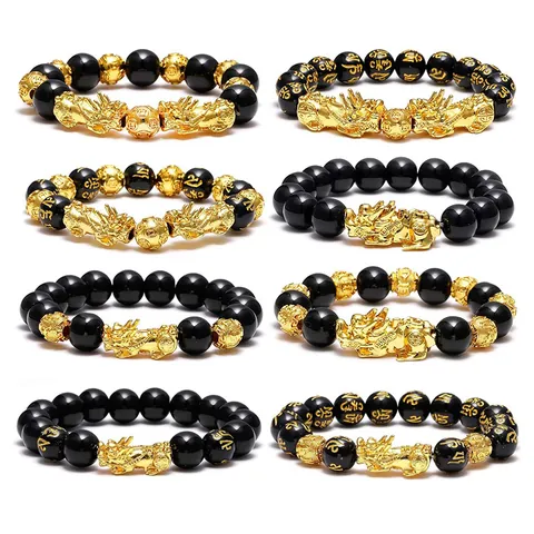 Obsidian Pixiu Bracelet For Men Sand Gold Plated Feng Shui Wealth Lucky Amulet Six Word Mantra Beads Handmade Jewelry Gift