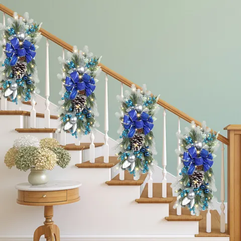 LED Christmas Swag Hanging Decoration With Berries Pinecones Bow Tie For Staircase Door Wall Pre-Lit Holiday Artificial Pine Garland Home Ornament
