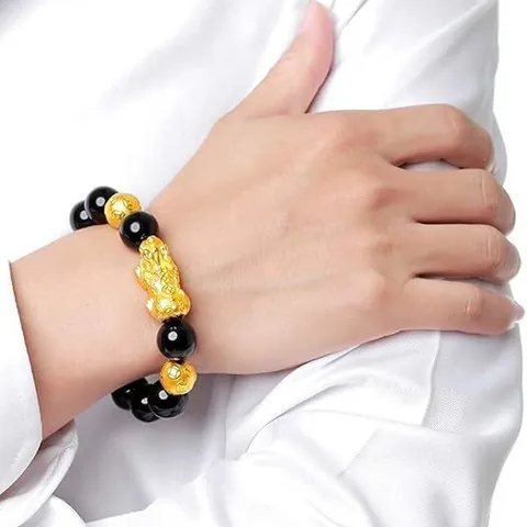 Obsidian Pixiu Bracelet For Men Sand Gold Plated Feng Shui Wealth Lucky Amulet Six Word Mantra Beads Handmade Jewelry Gift