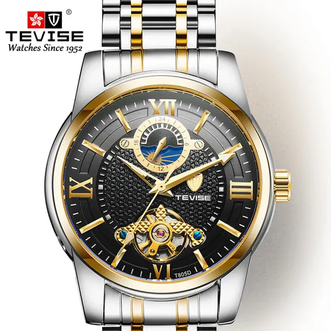 TEVISE Men Automatic Mechanical Watch Stainless Steel Skeleton Tourbillon Moon Phase Luminous Waterproof Business Fashion Wristwatch