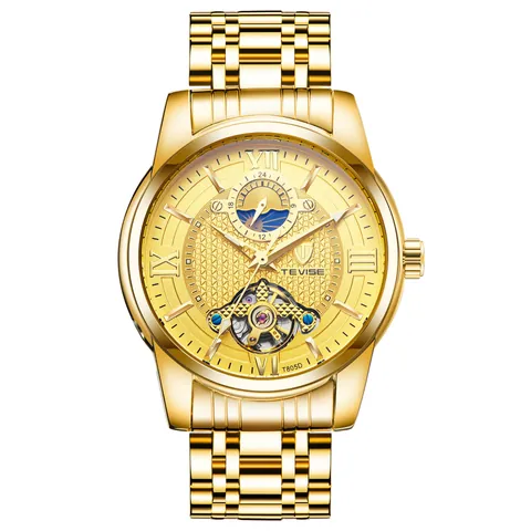 TEVISE Men Automatic Mechanical Watch Stainless Steel Skeleton Tourbillon Moon Phase Luminous Waterproof Business Fashion Wristwatch