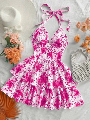 Women's Vintage Vacation Halter Neck Dress Watercolor Rose Floral Print Lace-up Backless A-Line Ruffle Mini Beach Sundress