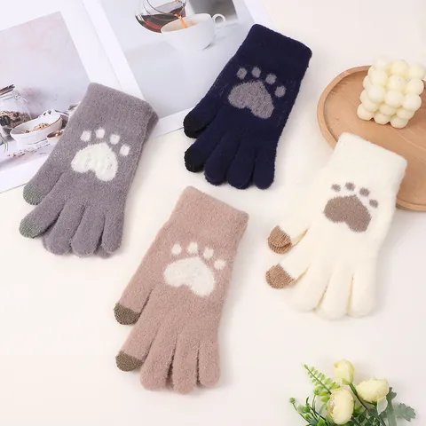 Women Winter Warm Faux Mink Fur Knitted Gloves Cute Cartoon Cat Paw Jacquard Touch Screen Full Finger Mittens Students